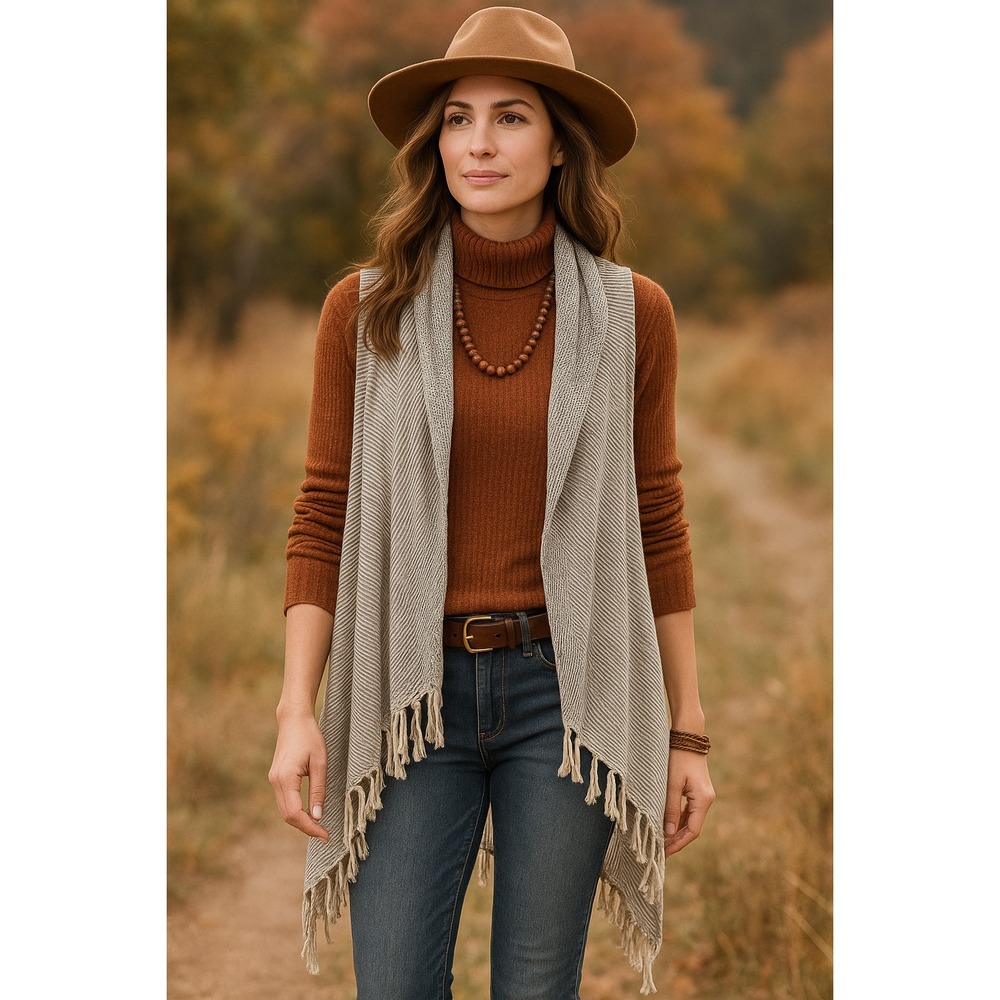 World Market Blue and Cream Fringe Vest Boho Chic Cozycore Cottagecore Lagenlook - Picture 12 of 12